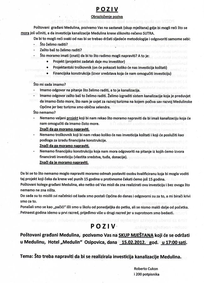 Poziv koji je redakciji poslao Roberto Cukon (gore) i poziv koji su nam poslali iz Općine Medulin (dolje)